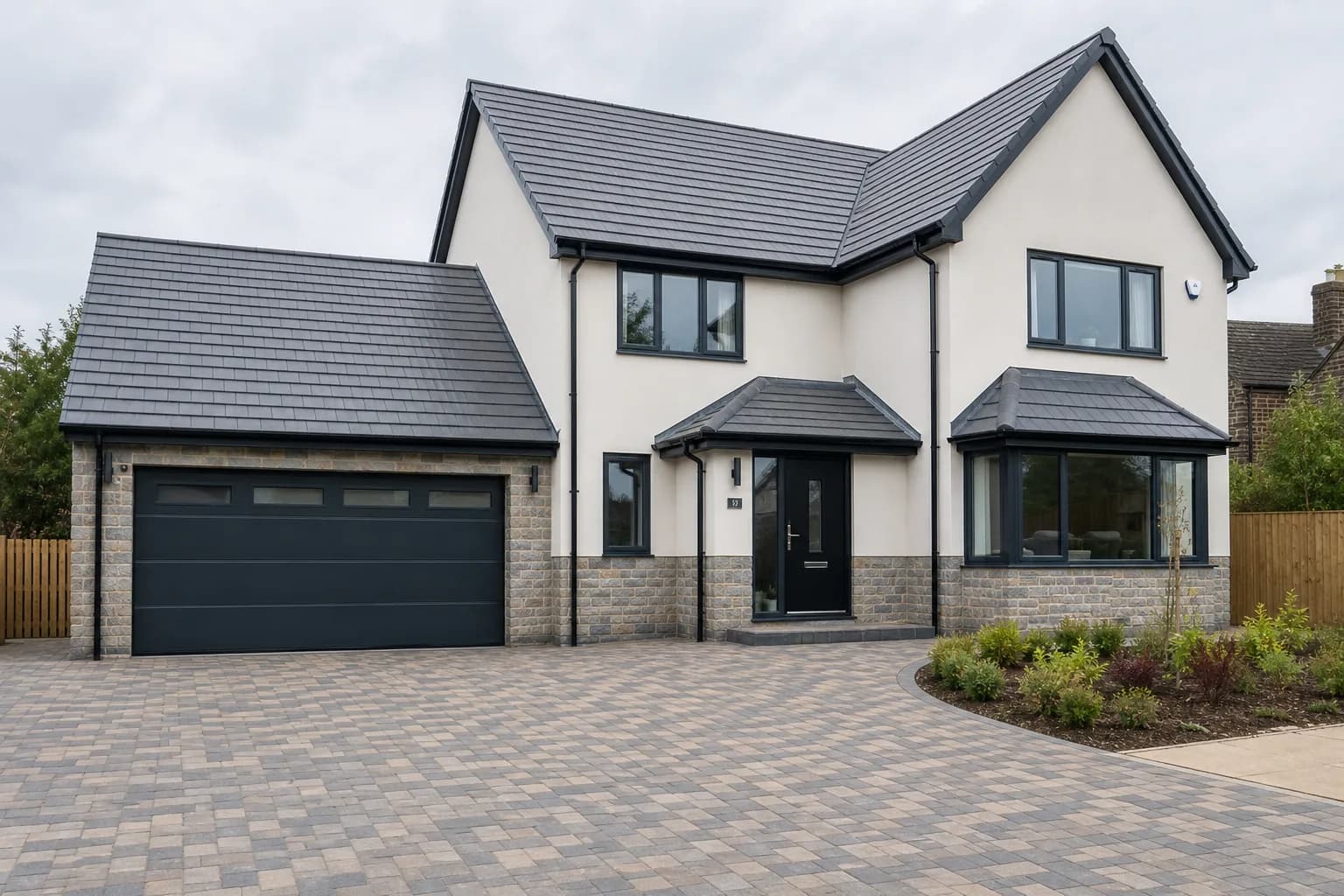 Newly re-tiled roof and block-paved driveway on a detached UK home